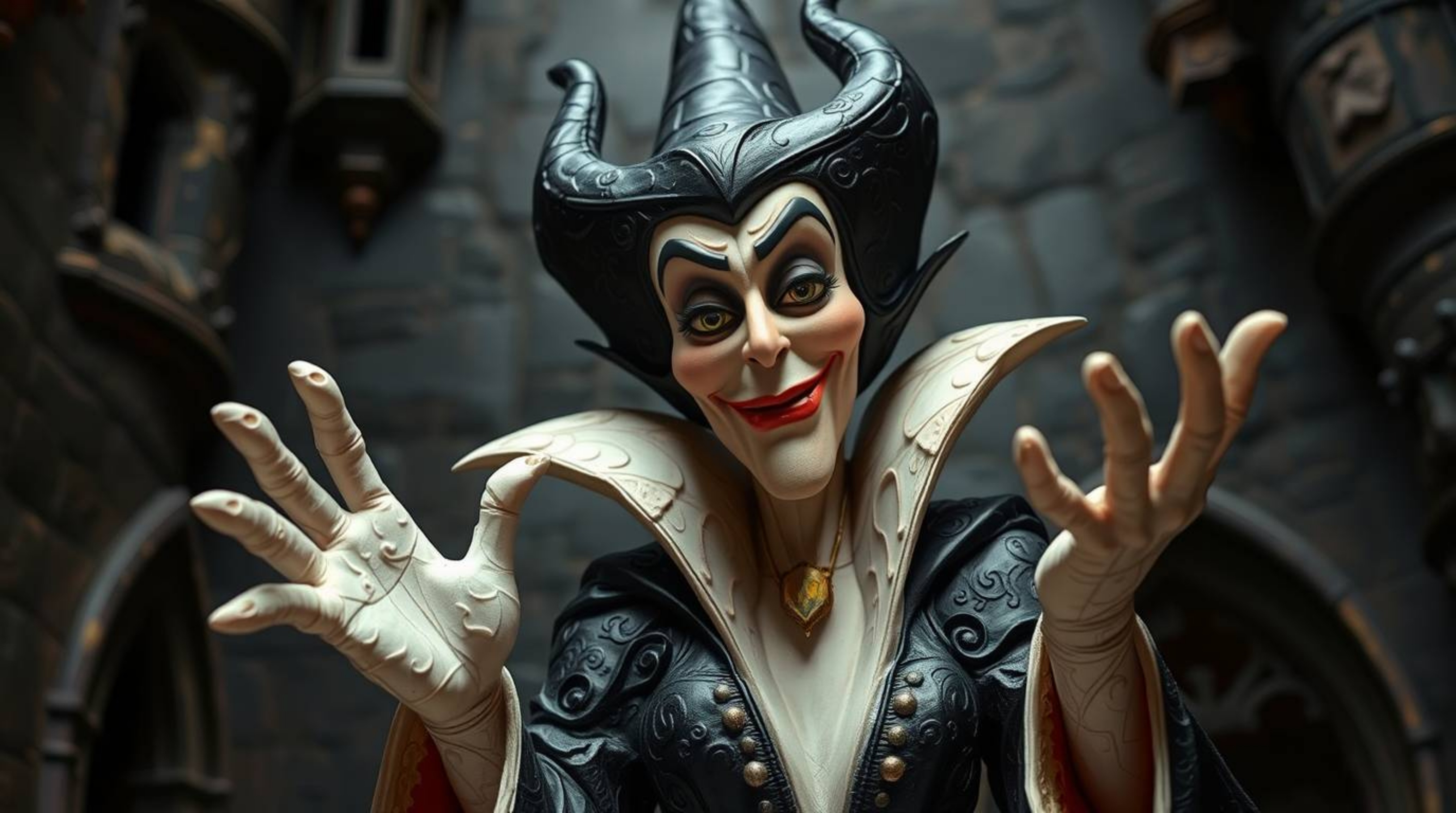 A classic Disney villain, depicted with refined features and an elegant pose, is shown casting a spell within the walls of an