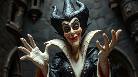 A classic Disney villain, depicted with refined features and an elegant pose, is shown casting a spell within the walls of an