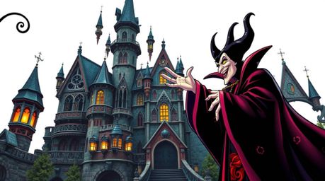 A classic Disney villain is depicted casting a spell within a vibrant, intricately detailed old castle. The artwork draws ins