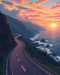 This digital illustration captures a winding coastal highway at sunset in a vibrant Isekai anime style. The artwork is charac