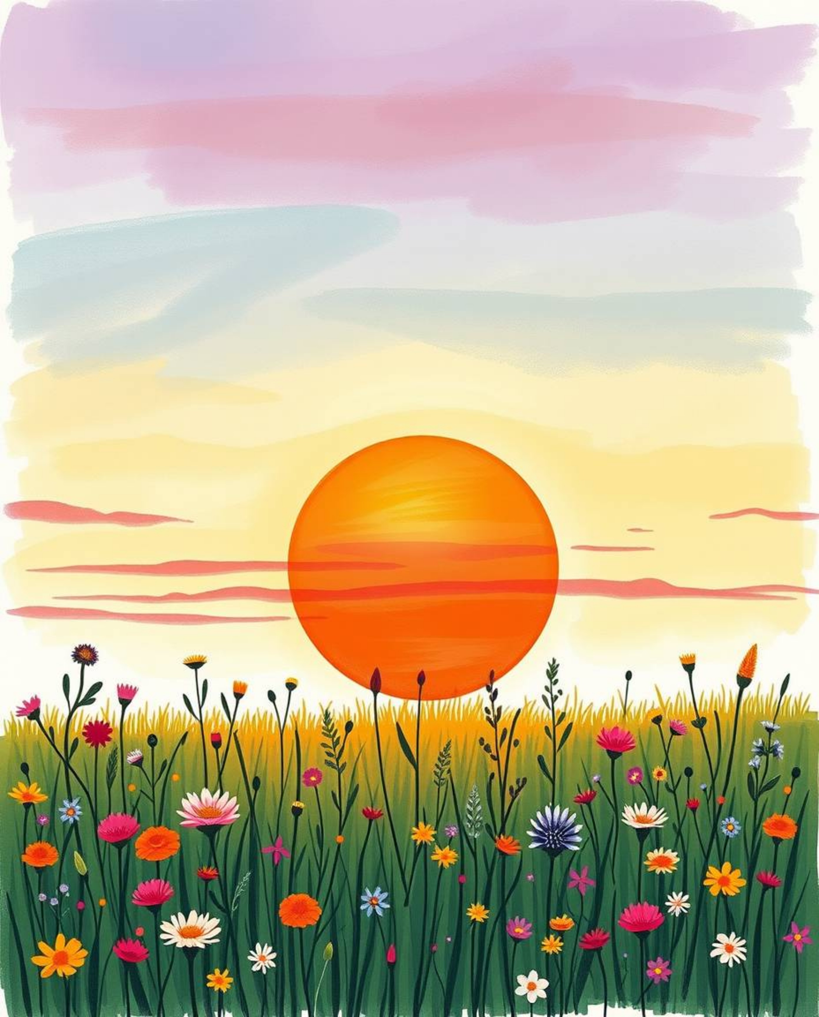 A charming, hand-drawn illustration in a color sketchnote style, depicting a vibrant sunset over a spring wildflower meadow. 