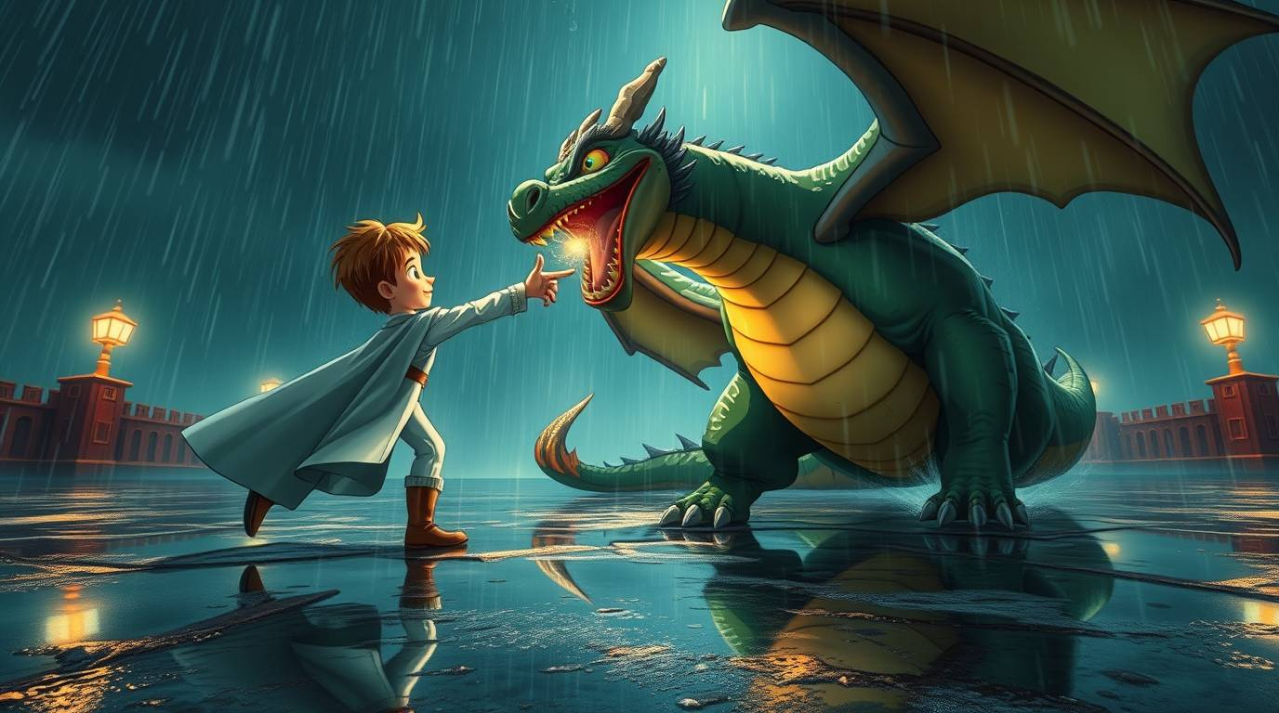 A captivating low-angle painting depicts a charming prince engaged in an epic battle against a fearsome dragon, rendered in t