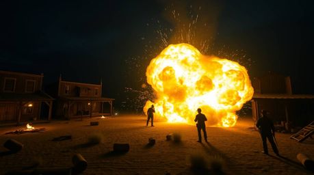 Witness a spectacular high-angle view of a classic exploding TNT gag set in the Wild West.  This vibrant scene features biolu