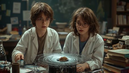 A cinematic, whimsical photograph captures a dynamic 12-year-old science fair duo, a boy and girl with enthusiastic expressio