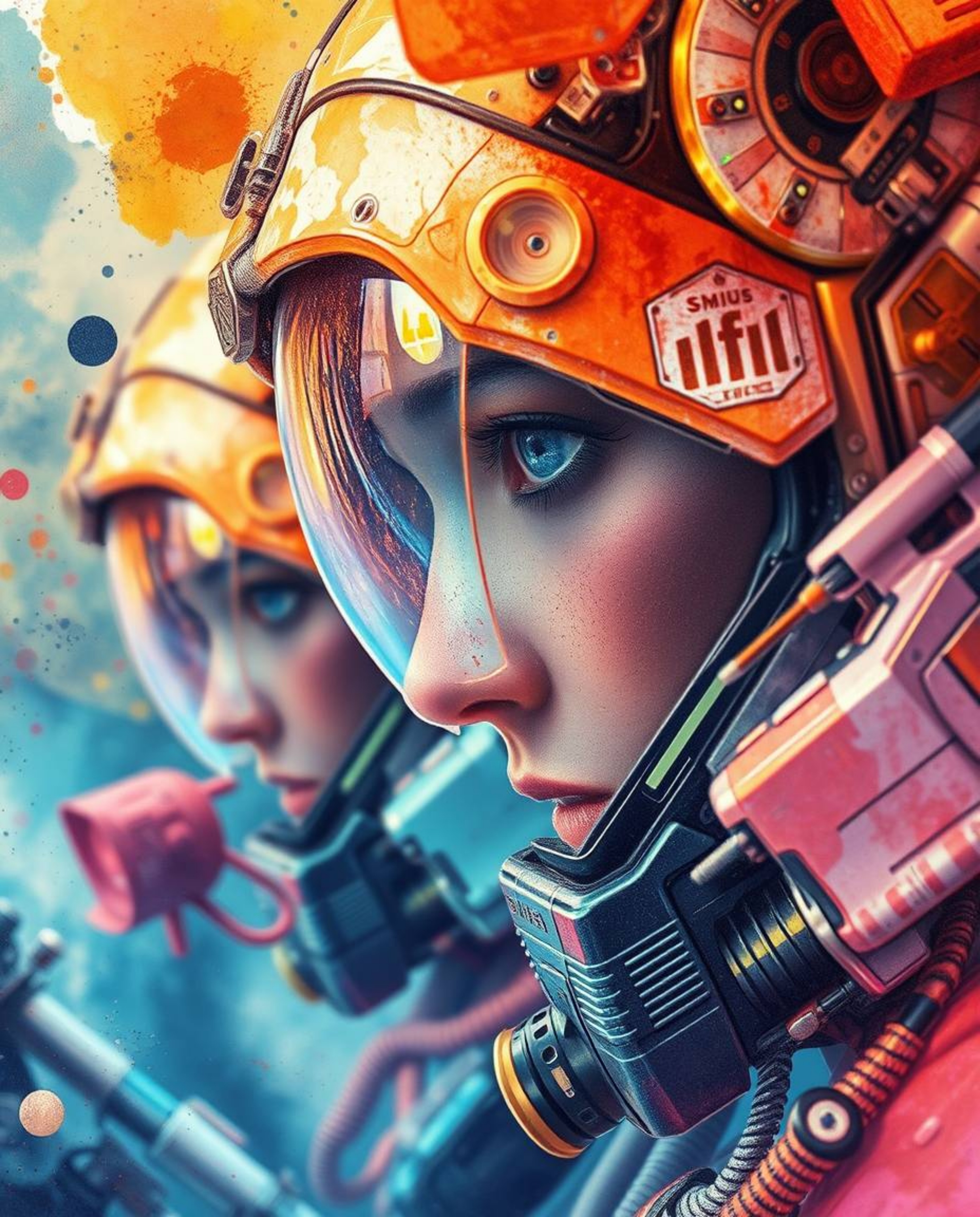 Explore a captivating blend of futuristic sci-fi aesthetics and vibrant watercolor art.  This collection features close-up sh