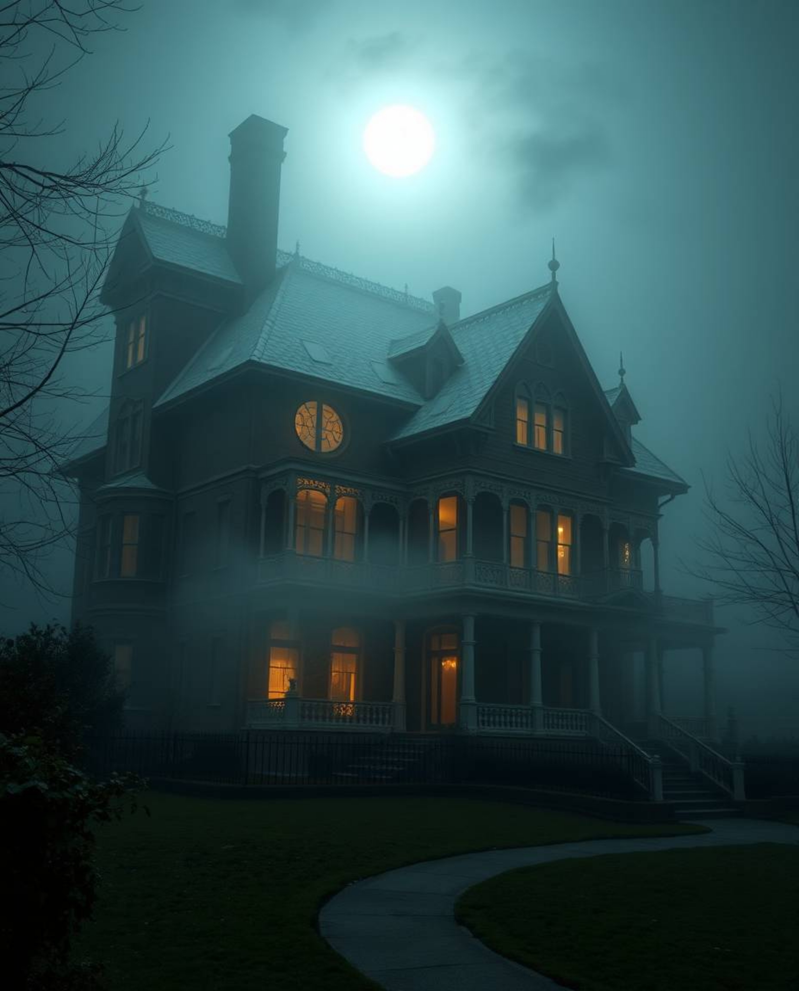 A captivating high-angle view of a fog-shrouded Victorian mansion bathed in moonlight, presented with a distinctive split per