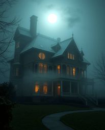 A captivating high-angle view of a fog-shrouded Victorian mansion bathed in moonlight, presented with a distinctive split per