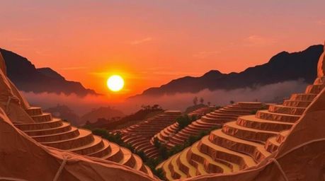 Experience the breathtaking beauty of a sunset over vibrant rice terraces nestled in majestic mountains. This artwork, crafte