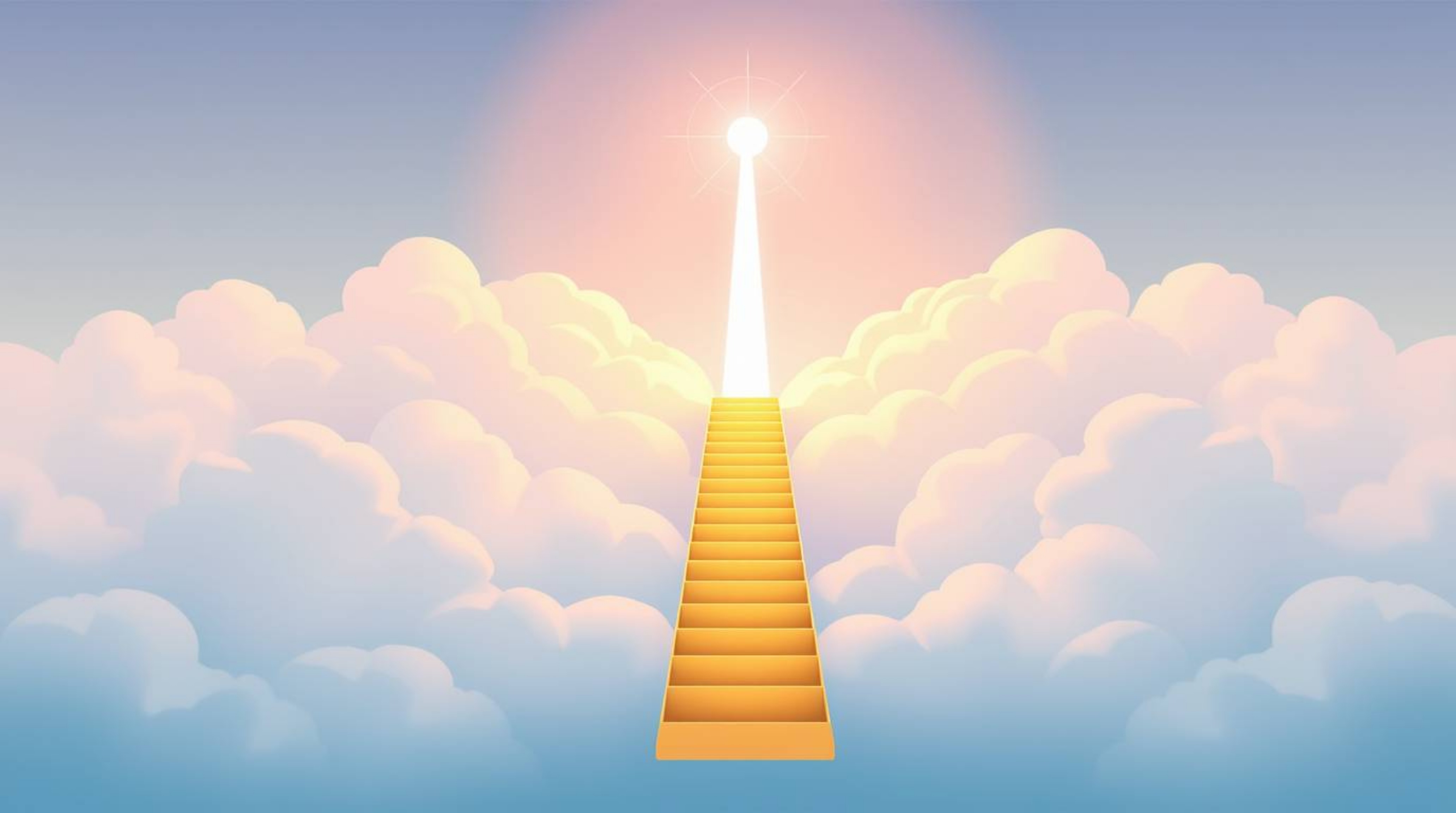 This modern flat design illustration depicts a golden staircase rising through soft pastel clouds towards a glowing heaven. S