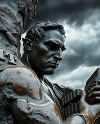 A captivating cast bronze sculpture depicting a person with sharp features and dark skin discovering a hidden underground lib