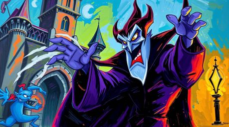 This captivating artwork portrays a classic Disney villain intensely casting a spell within the imposing walls of an old cast