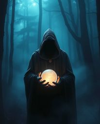A cloaked figure stands shrouded in the mists of a vibrant forest, clutching a glowing orb that emanates a strong, cool light
