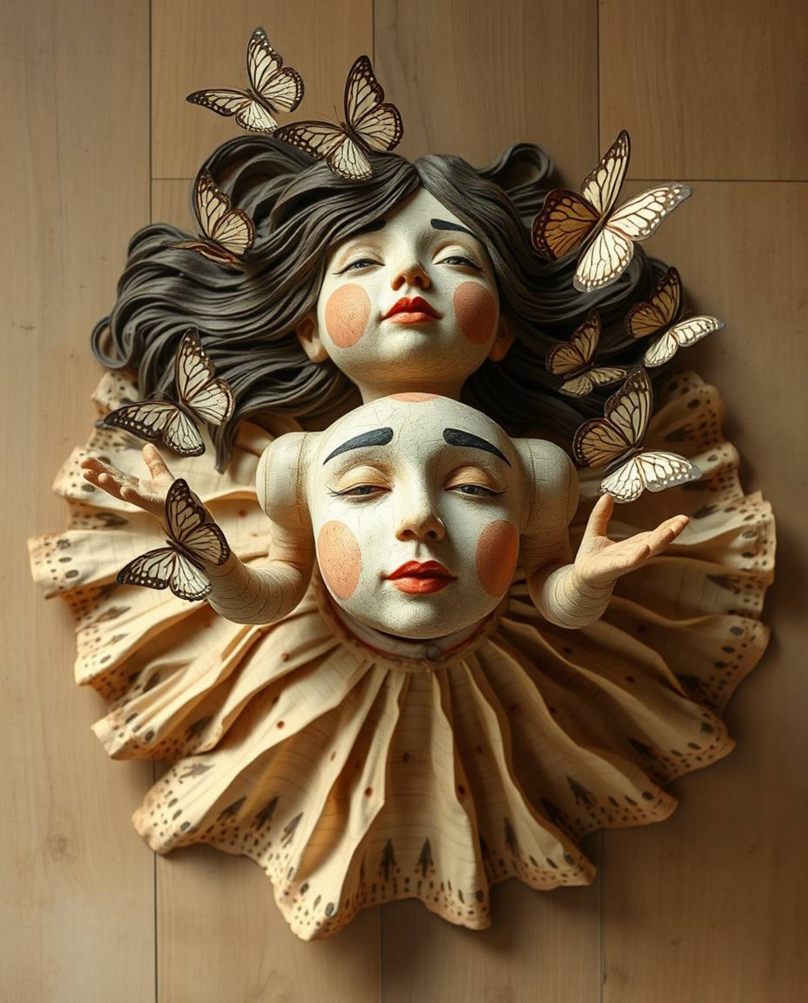 A captivating overhead shot showcases a meticulously sculpted papier-mâché girl releasing a flurry of butterflies.  The textu