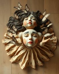 A captivating overhead shot showcases a meticulously sculpted papier-mâché girl releasing a flurry of butterflies.  The textu