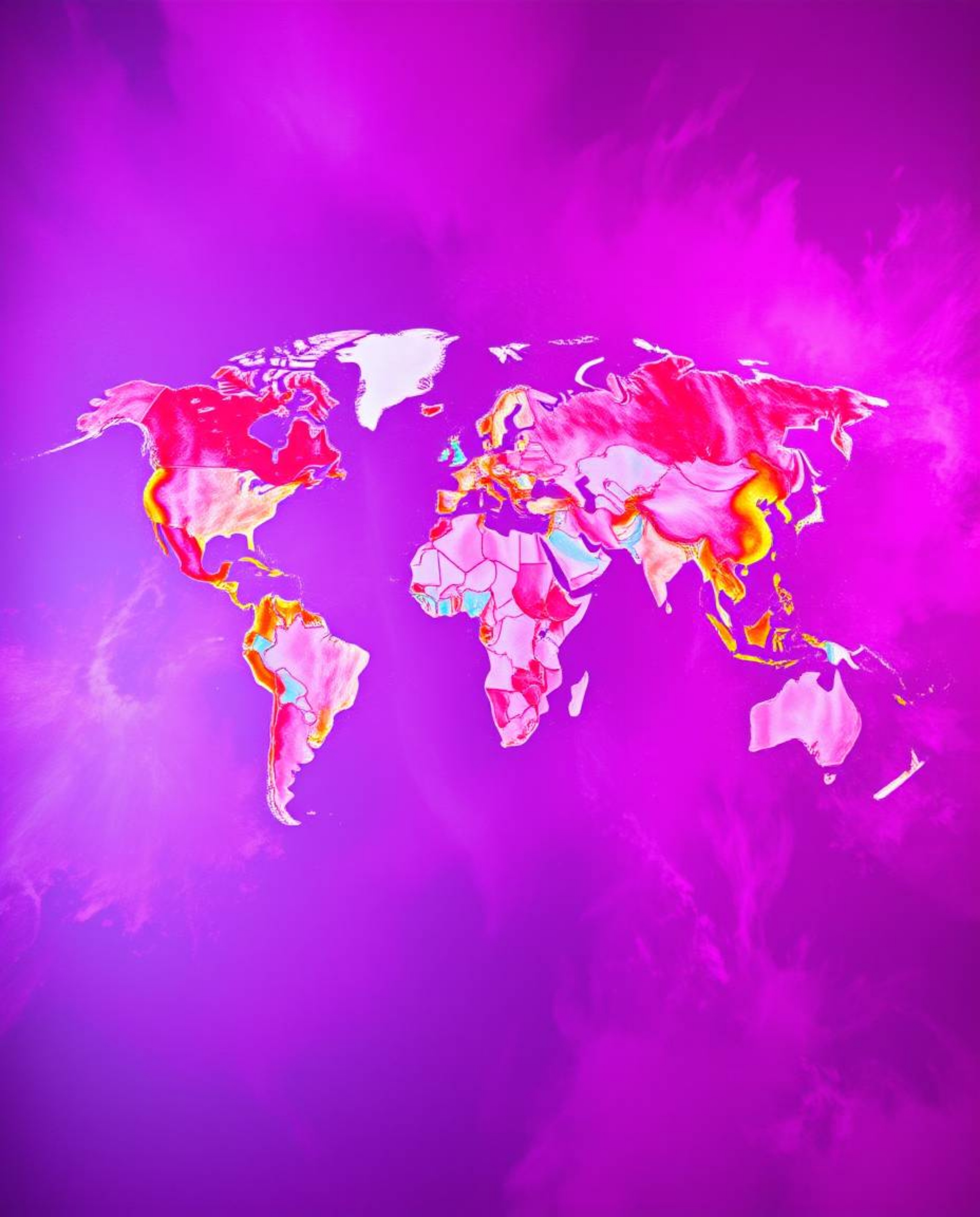 Explore a dreamlike realm with surreal infrared tones, where bright colorful splashes form a world map in a creative abstract