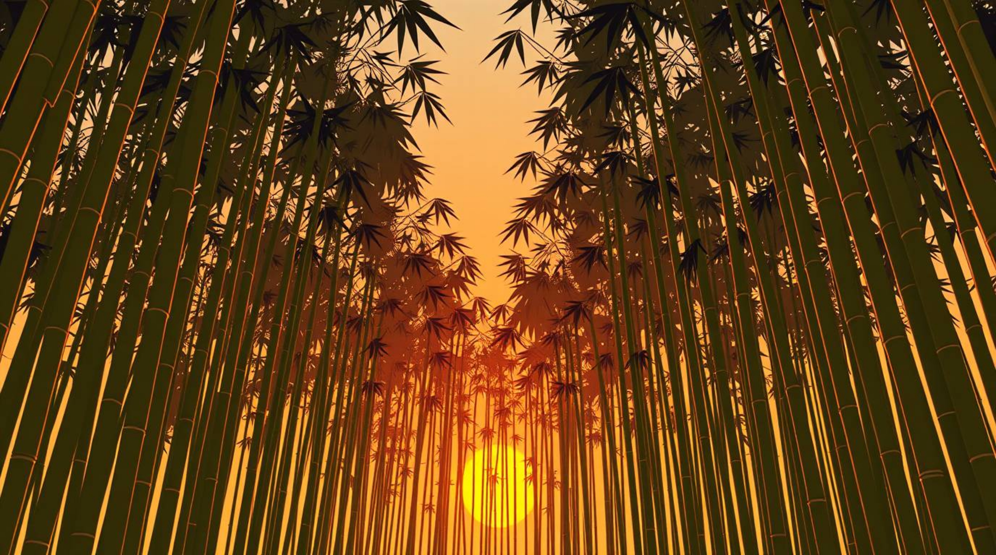 A stunning modern, flat design image captures the essence of a bamboo forest bathed in the warm glow of a sunset. Viewed from