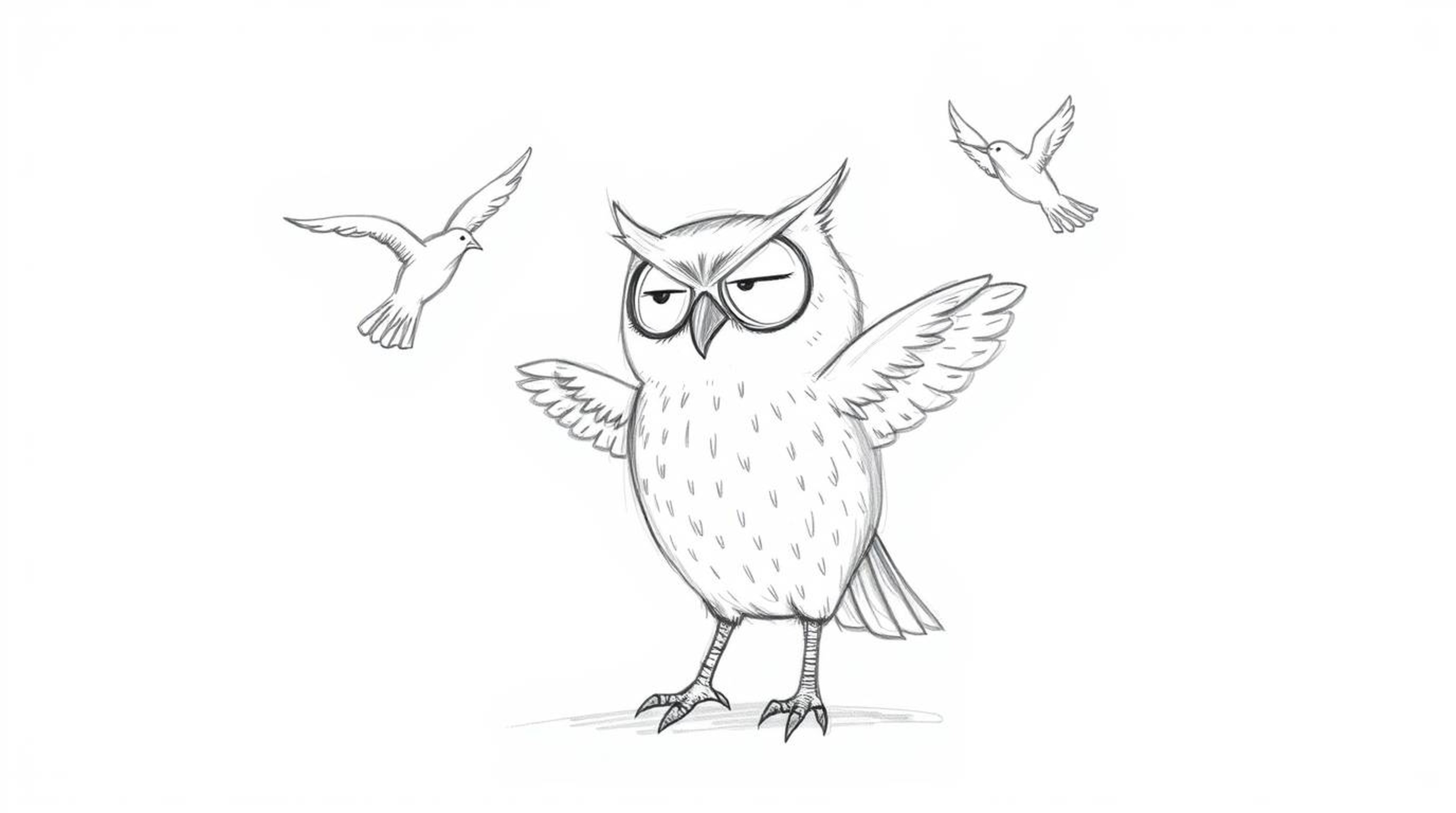 A heartwarming hand-drawn sketch depicts a blind owl, rendered in a Pixar-inspired style, passionately teaching birds how to 