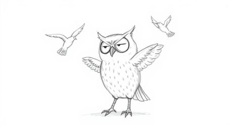 A heartwarming hand-drawn sketch depicts a blind owl, rendered in a Pixar-inspired style, passionately teaching birds how to 
