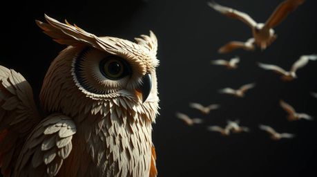 A sculpted papier-mâché owl, rendered in a Pixar style, guides birds in learning to fly. The artwork features intense dramati
