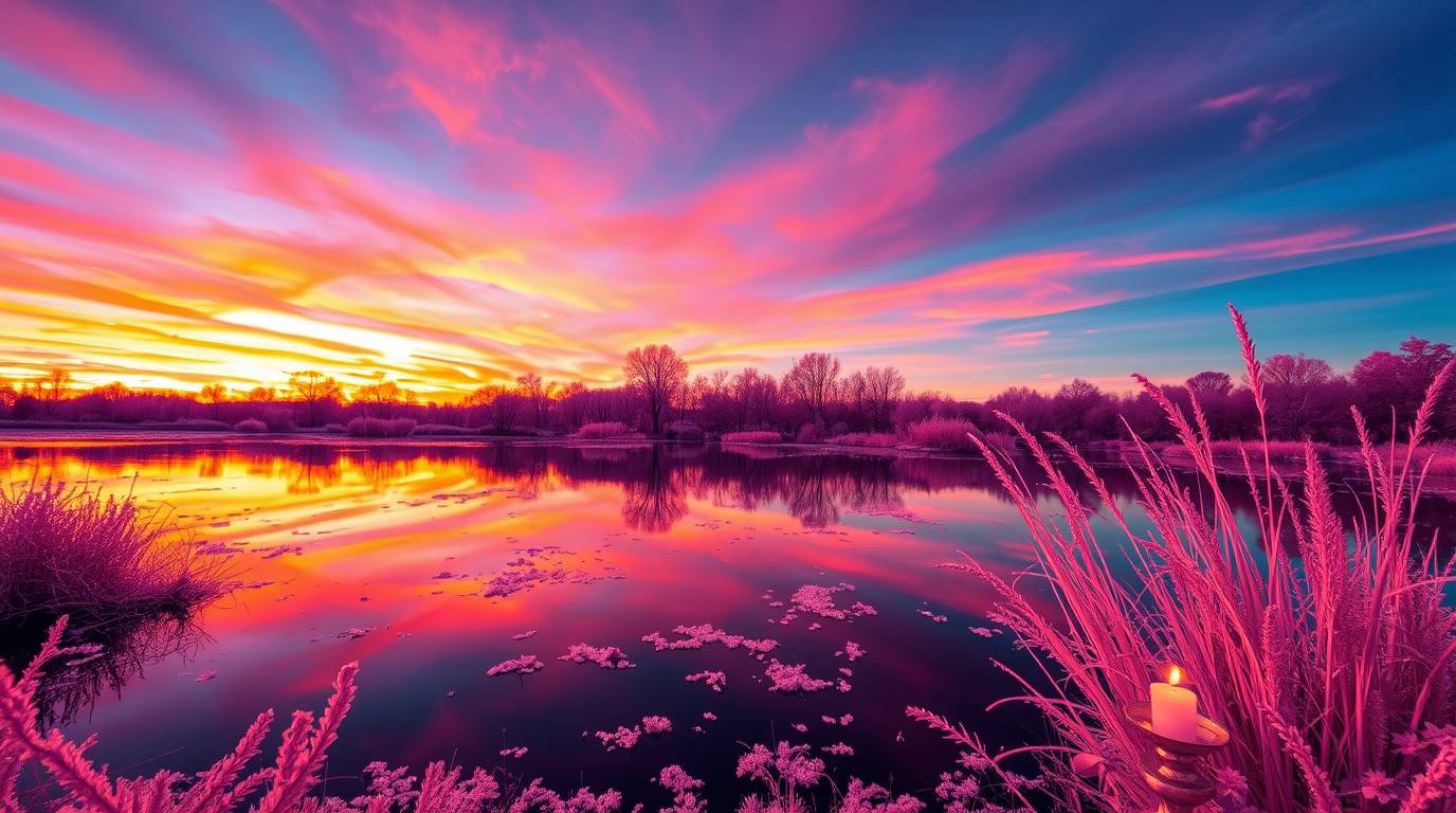 A captivating surreal infrared photograph showcases a vibrant sunset reflected in a tranquil pond.  Warm candlelight and flic