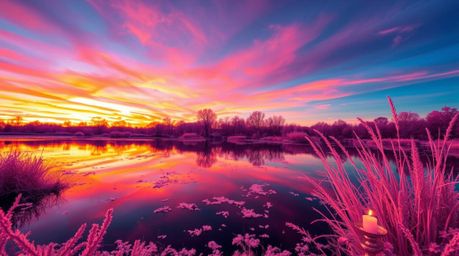 A captivating surreal infrared photograph showcases a vibrant sunset reflected in a tranquil pond.  Warm candlelight and flic