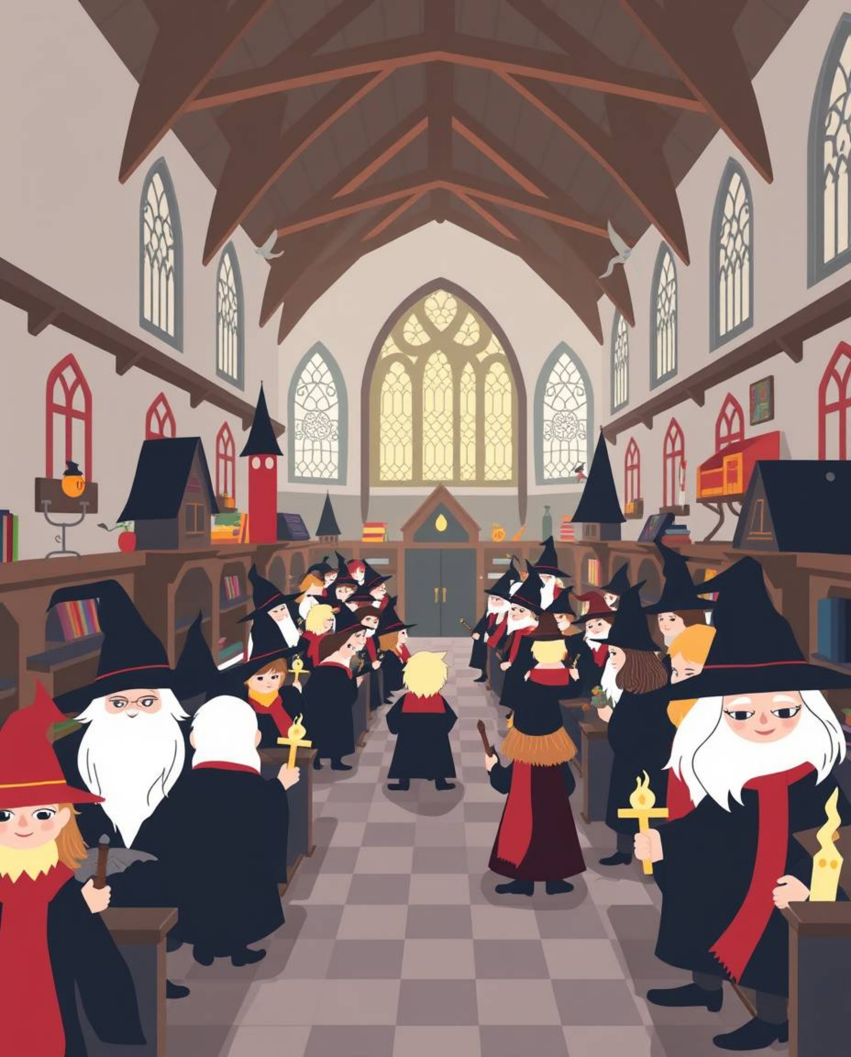 Discover a vibrant and modern depiction of a magical school brimming with young wizards. This unique illustration features a 
