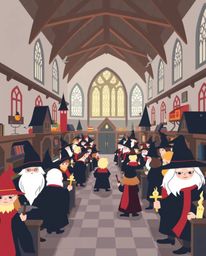 Discover a vibrant and modern depiction of a magical school brimming with young wizards. This unique illustration features a 