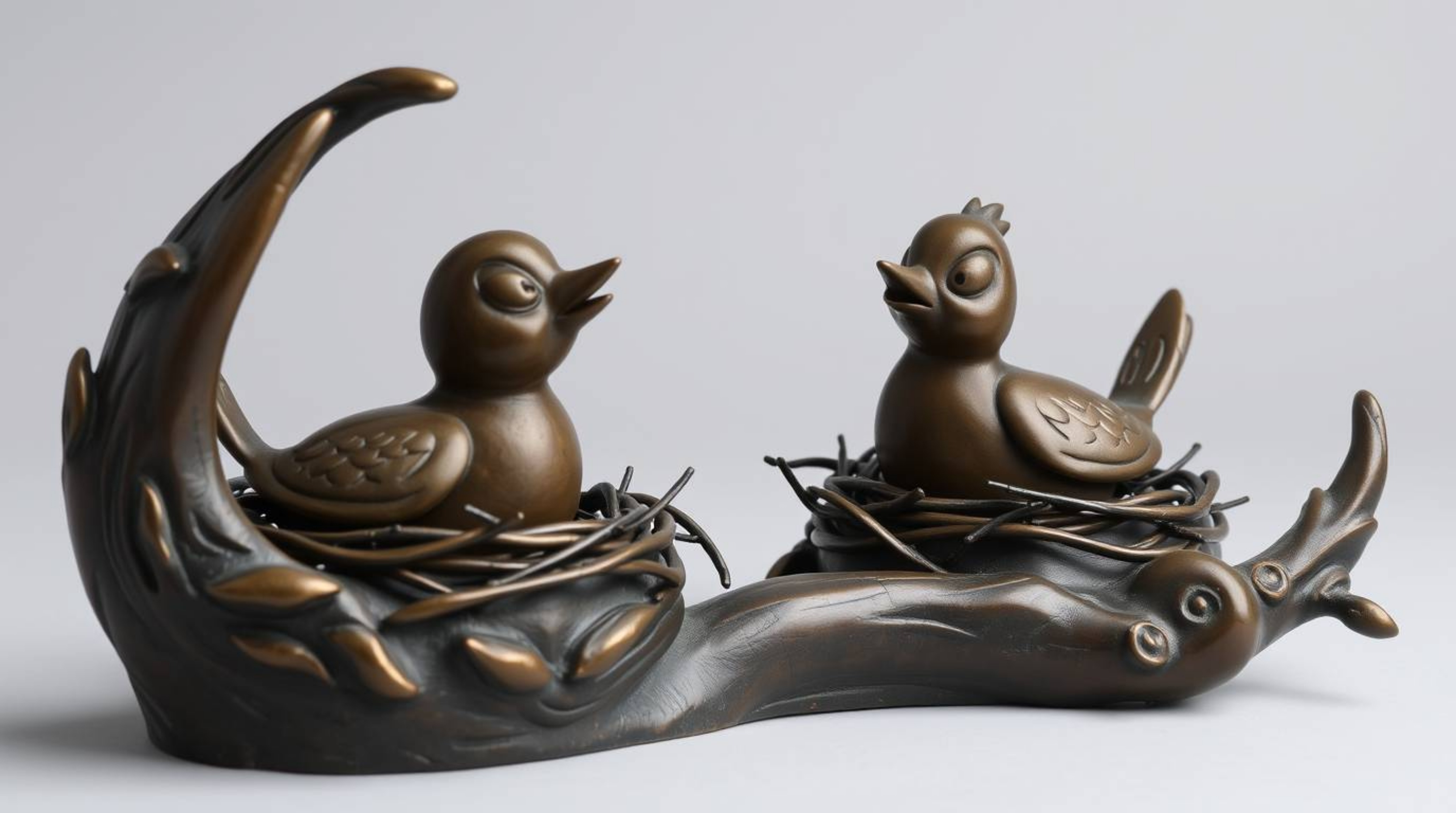 This cast bronze sculpture captures the whimsical charm of two cartoon birds diligently building a nest in a classic animatio