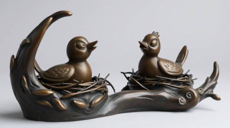 This cast bronze sculpture captures the whimsical charm of two cartoon birds diligently building a nest in a classic animatio