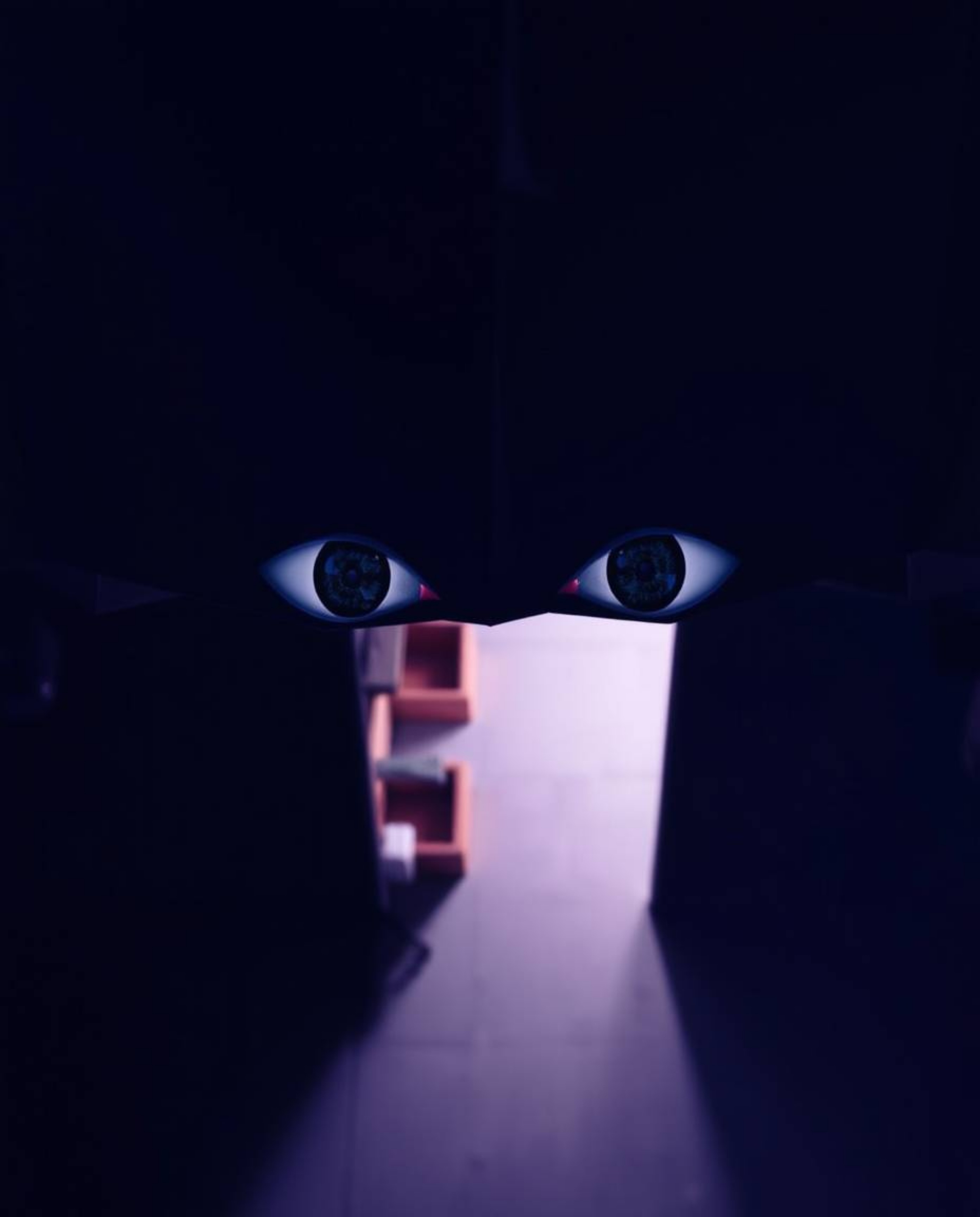 A high-angle perspective capturing intricate origami-style eyes watching from the shadows of a night alley. The folded paper 
