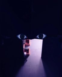 A high-angle perspective capturing intricate origami-style eyes watching from the shadows of a night alley. The folded paper 
