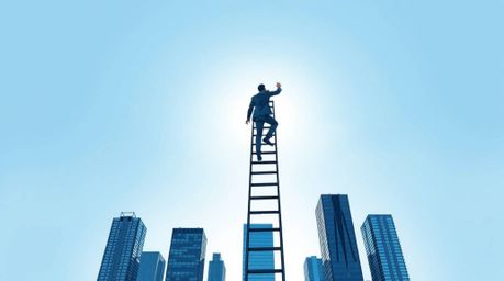 An illustration featuring a businessperson climbing a transparent ladder that vanishes into a blue sky above skyscrapers repr