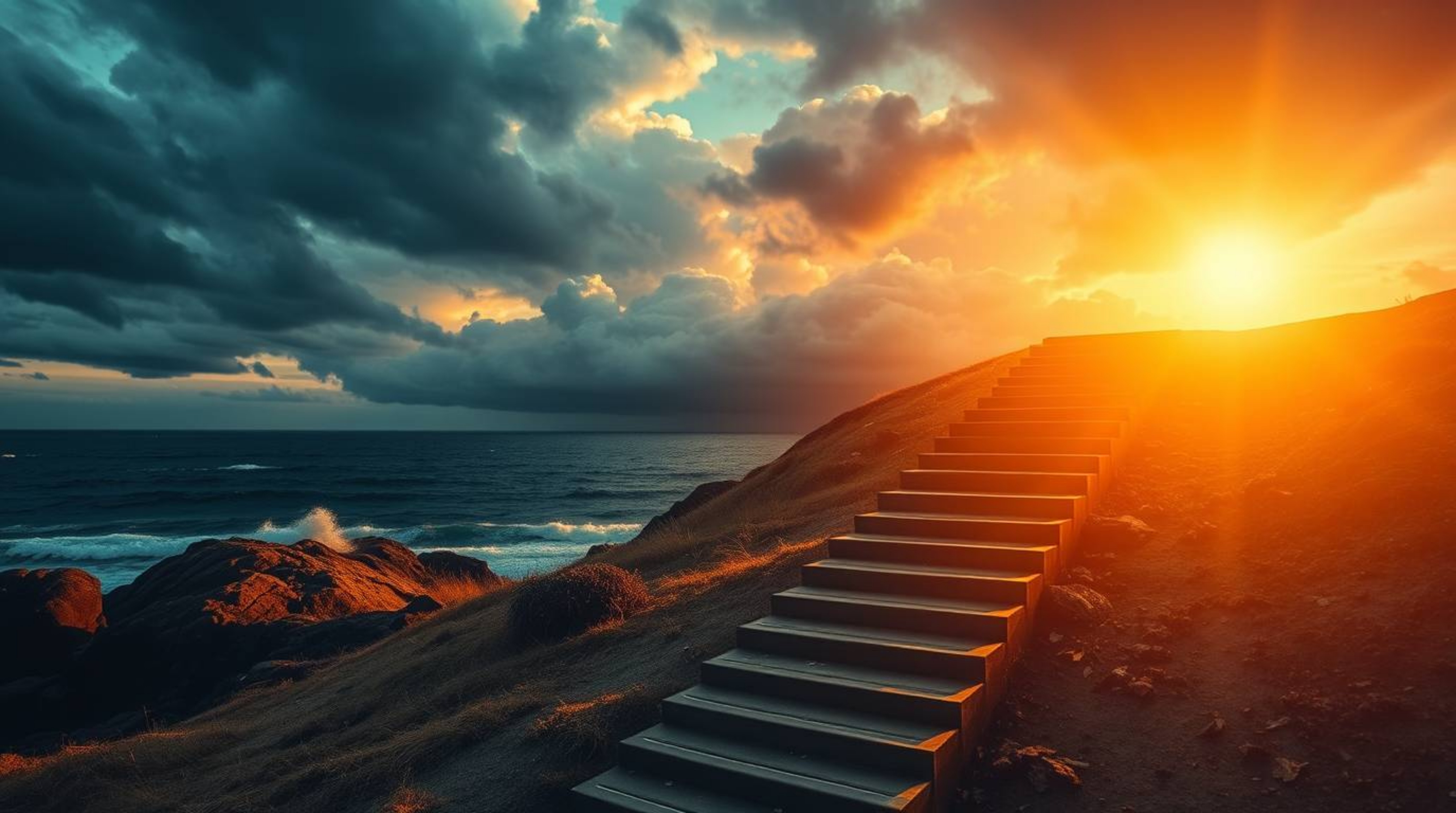 Experience a breathtaking scene featuring a dramatic staircase emerging from the ocean, reaching into a stormy sky illuminate