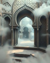 This image depicts a dreamlike and surreal scene, showcasing intricate Islamic geometric patterns carved in stone with except