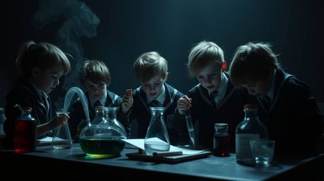 A captivating and unsettling image depicts quirky children in school uniforms conducting experiments under strong, hard light
