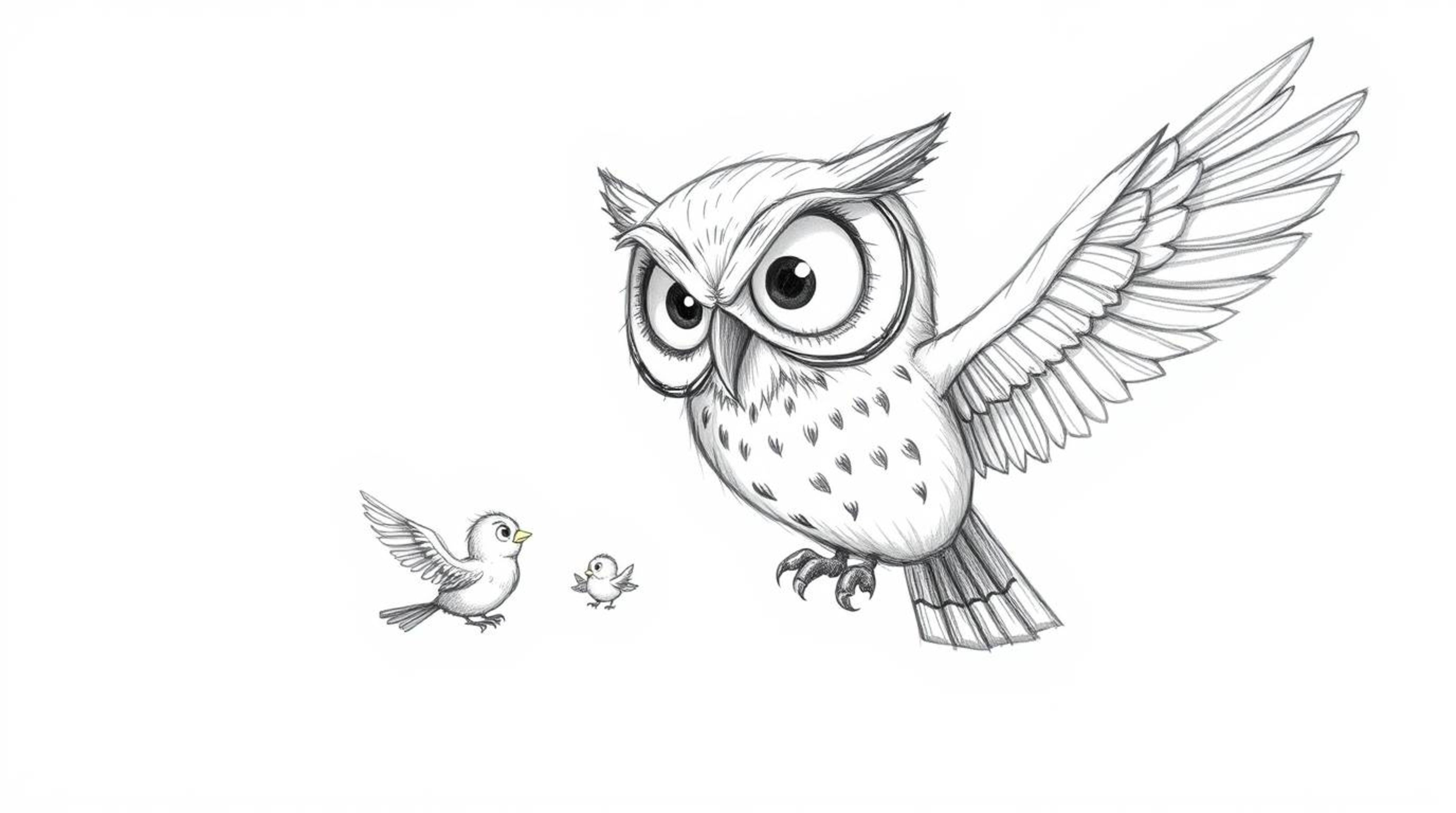This artwork presents a Pixar-inspired, hand-drawn sketch of a blind owl with large, expressive eyes, engaged in teaching sma
