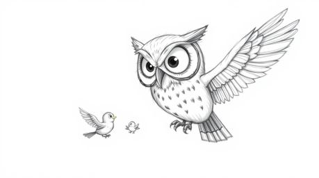This artwork presents a Pixar-inspired, hand-drawn sketch of a blind owl with large, expressive eyes, engaged in teaching sma