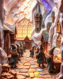 Immerse yourself in an ethereal and spiritual scene of a magical school teeming with young wizards. Crafted from layered papi
