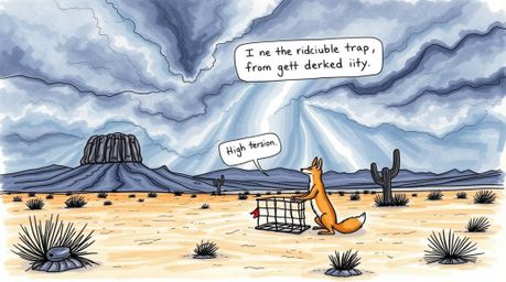 A captivating hand-drawn color sketchnote portrays a coyote meticulously setting a comical trap in the harsh desert landscape