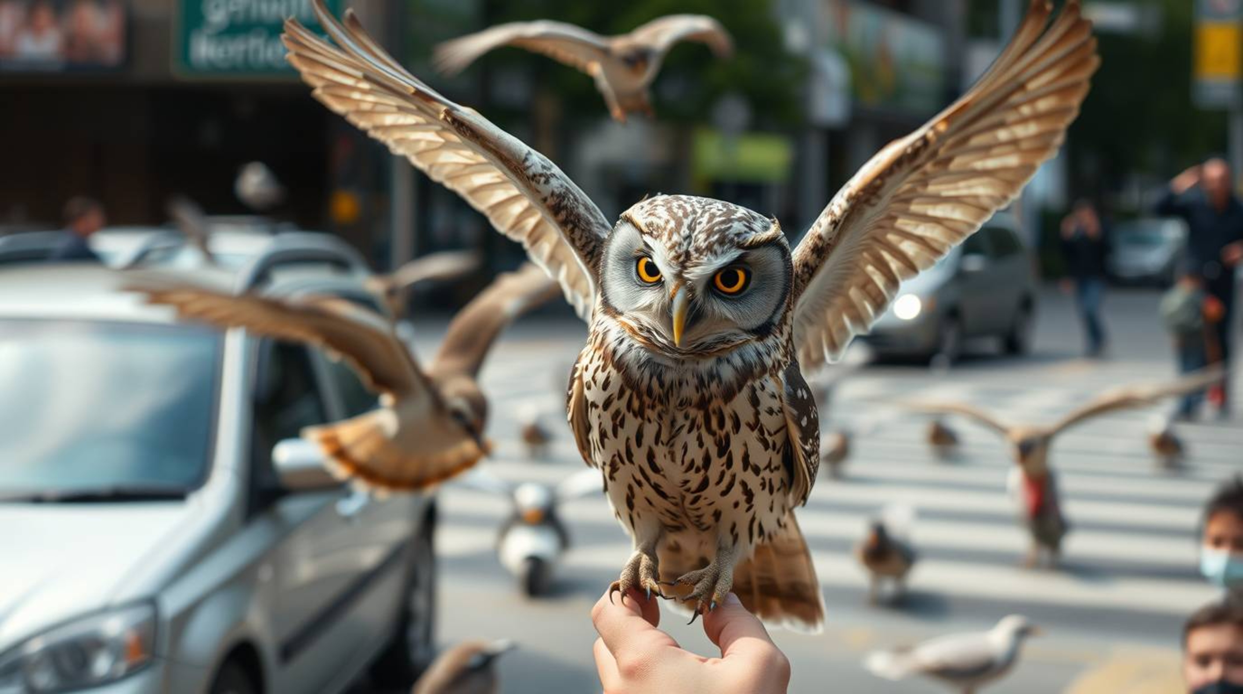 Candid street photography captures a unique moment: a blind owl with Pixar-like features teaching birds to fly amidst the cha