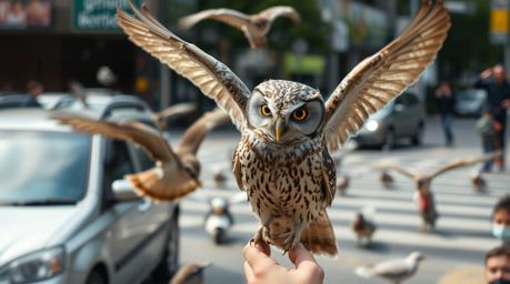 Candid street photography captures a unique moment: a blind owl with Pixar-like features teaching birds to fly amidst the cha