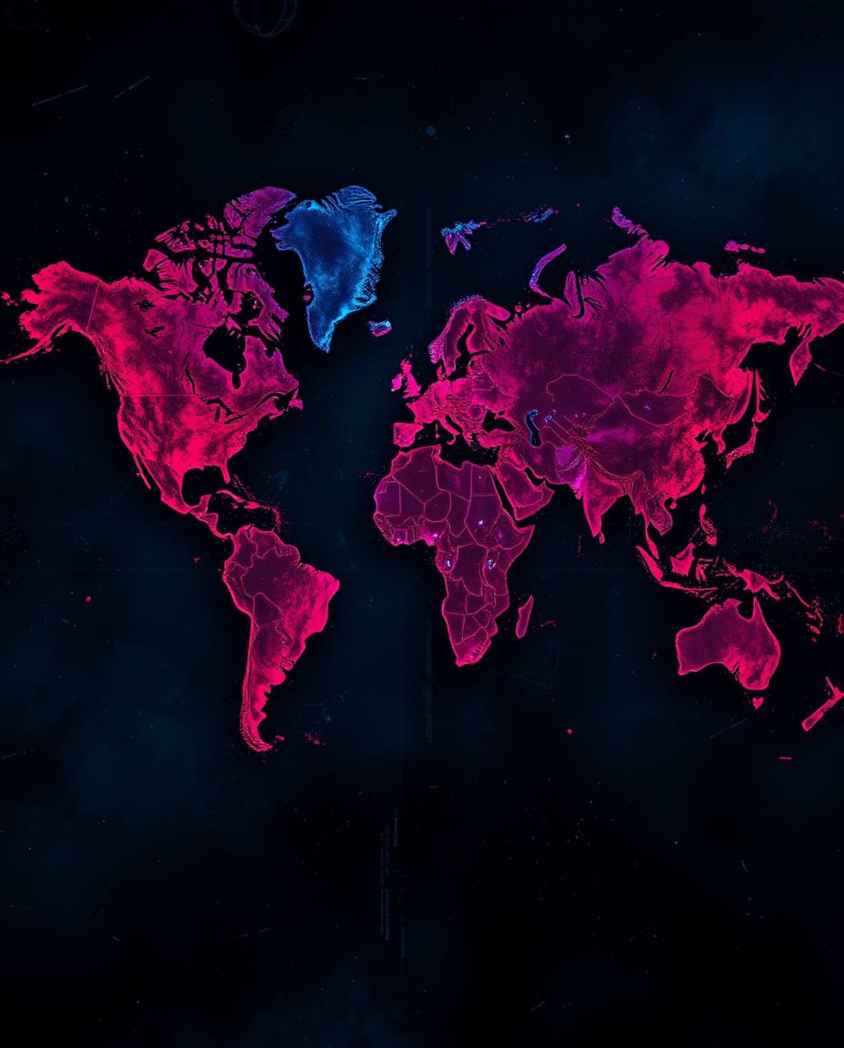 Explore a futuristic sci-fi world map brought to life with bright colorful splashes in rich burgundy and deep blue hues. This