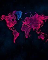 Explore a futuristic sci-fi world map brought to life with bright colorful splashes in rich burgundy and deep blue hues. This