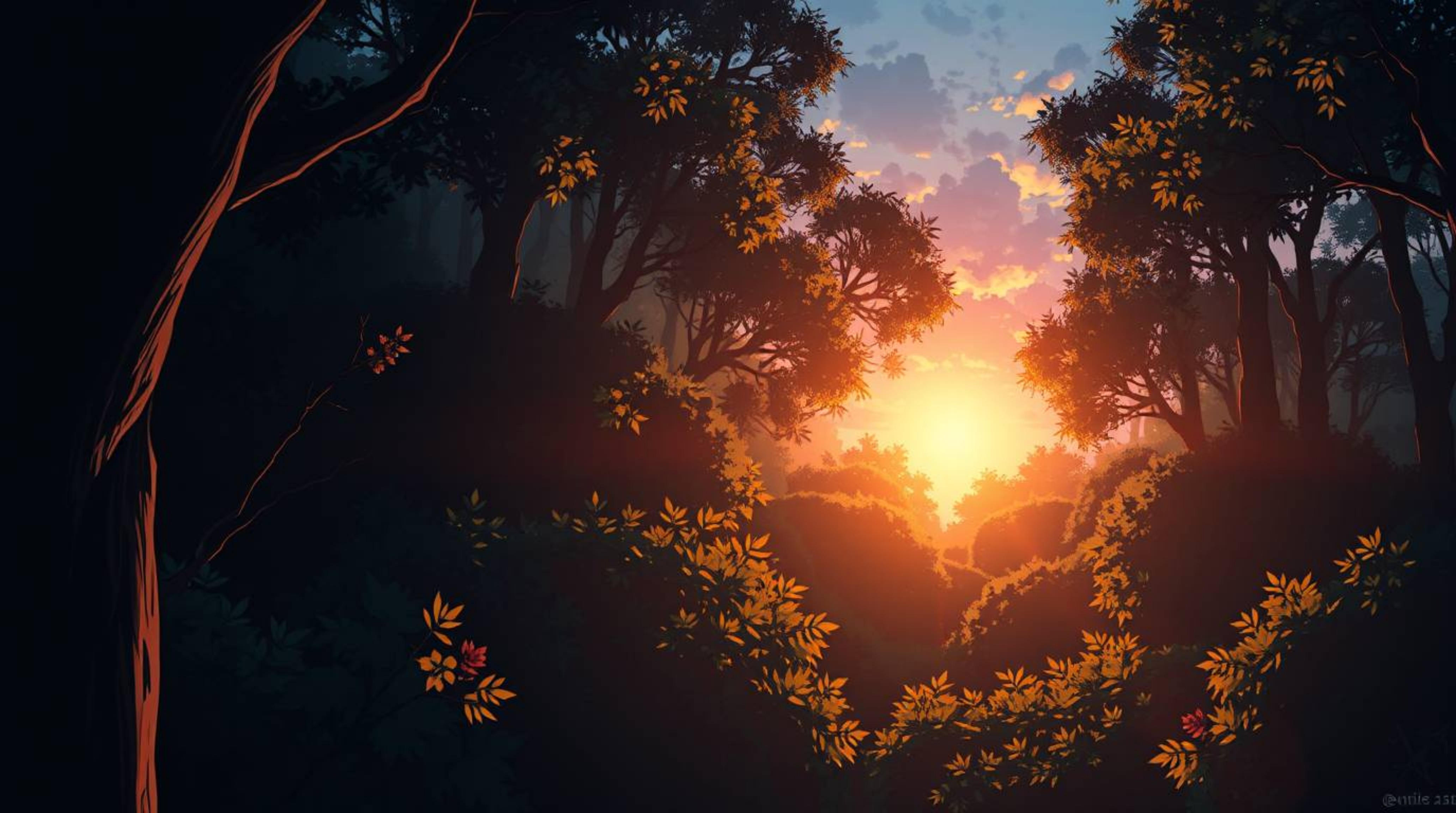 A captivating high-angle illustration in the style of Isekai anime.  The scene depicts a vibrant sunset filtering through a d
