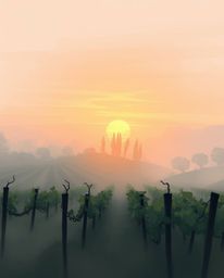 This digital sketch captures a misty sunset over a vineyard, rendered with loose, painterly strokes and a soft pastel, comple