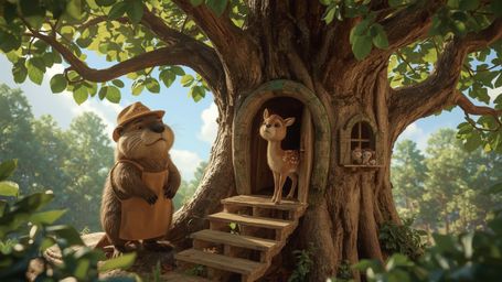 A highly detailed, high-resolution stock photo depicts a heartwarming scene reminiscent of a Pixar animation. A busy beaver,