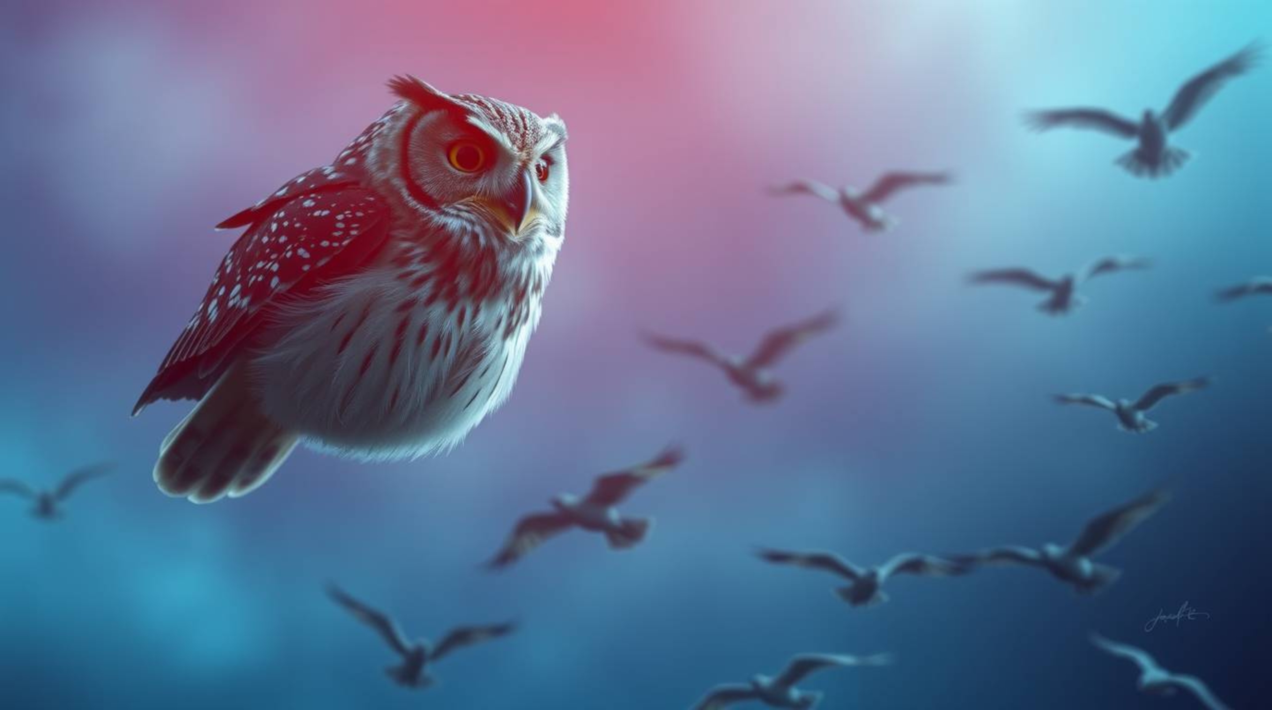 A captivating long-exposure photograph showcases a blind owl, rendered in a charming Pixar style with soft, blurred details, 
