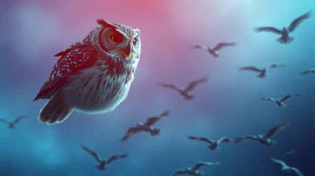 A captivating long-exposure photograph showcases a blind owl, rendered in a charming Pixar style with soft, blurred details, 