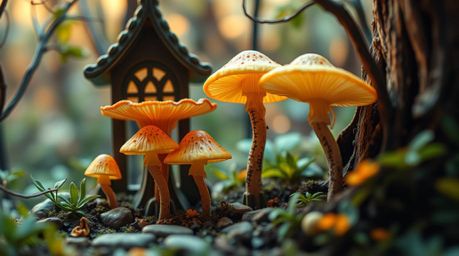 This extreme macro close-up architectural color photograph captures the essence of a vintage-style enchanted forest, highligh