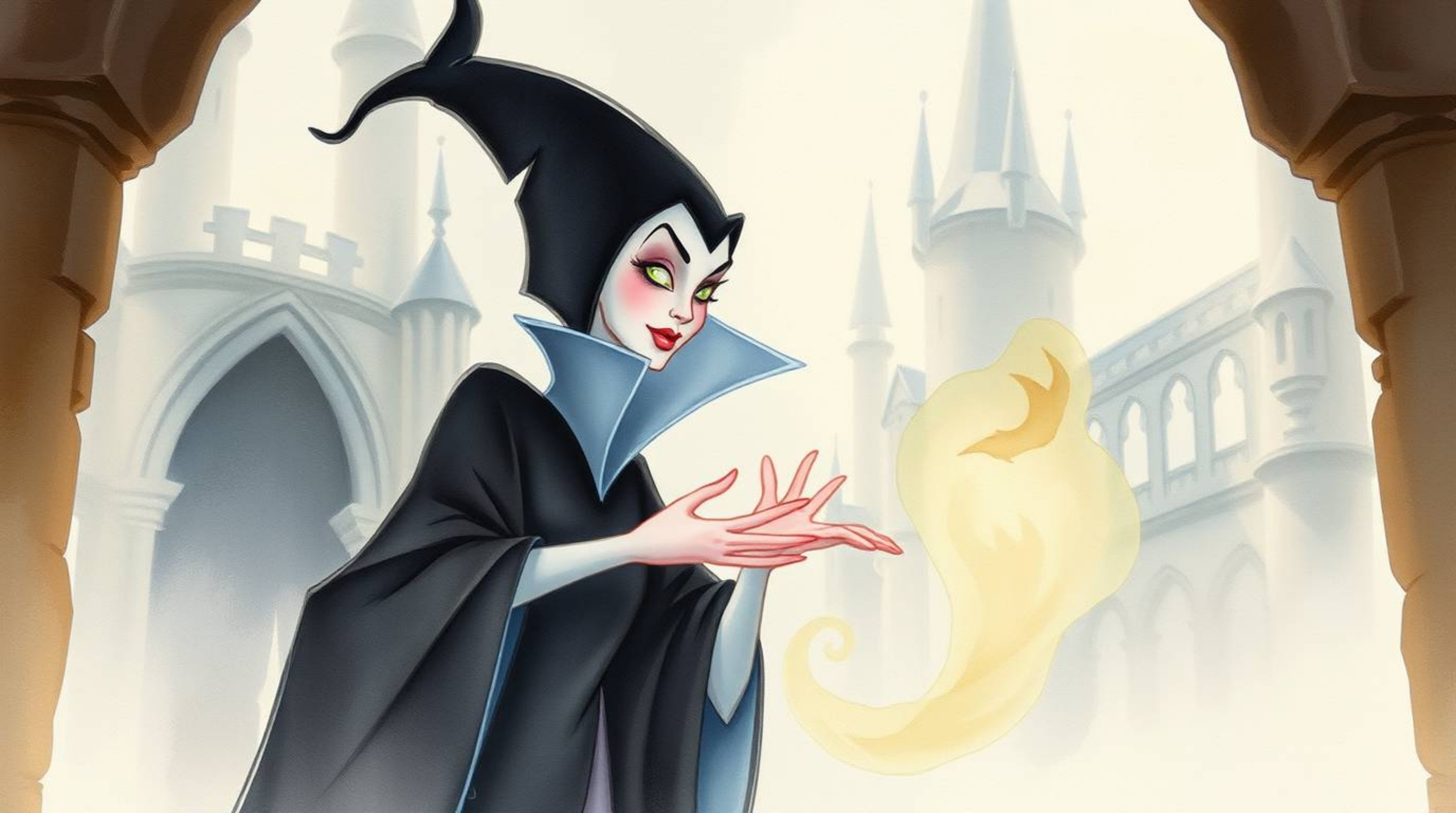 Immerse yourself in a soft, dreamy atmosphere with this delicate watercolor painting featuring a classic Disney villain with